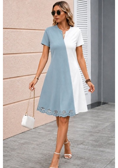 Butik İstanbul Kadın Kısa Kollu V Yakalı Çift Renklç Kısa Lazer Kesim Çiçek Detaylı Ithal Krep Elbise Mavi