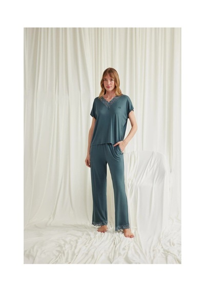 Hrşytrend Herşeytrend Kısa Kollu V Yakalı Dantelli Pijama Takımı Yeşil