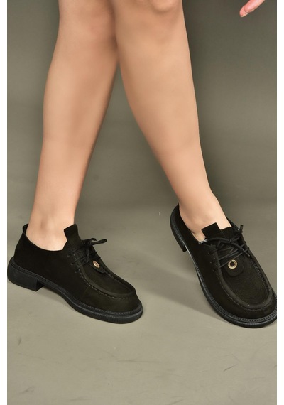 Fox Shoes V944085601 Siyah Hakiki Deri Nubuk Bağcıklı Günlük Kadın Ayakkabı Siyah