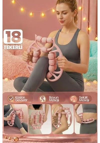 Kas Gevşetici Masaj Aleti 18 Tekerlekli Lenf Drenaj Rulosu Bacak Kol Selülit Önleyici Pembe