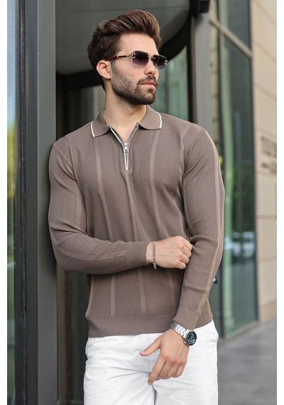 Madmext Açık Kahverengi Polo Yaka Yarım Fermuarlı Fitilli Erkek Triko Kazak E7515 Madmext Açık Kahverengi Polo Yaka Yarım Fermuarlı Fitilli Erkek Triko Kazak E7515