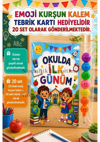 20 Adet Okulda İlk Günüm Yazılı Hediye Seti 1. Sınıf- Sene Başı Emoji Kurşun Kalem Tebrik Kartı Hediyeli