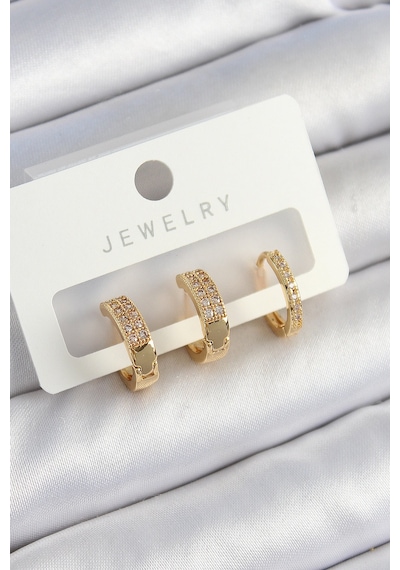 Pirinç Zirkon Taşlı Halka Model Gold Renk 3'lü Çift Kadın Küpe Set Diğer