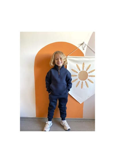 Heyadventure Erkek / Kız Çocuk Dik Yaka Sweatshirt Kanguru Cepli 3 İplik Şardonlu Lacivert Lacivert