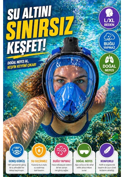 Mavi Siyah Full Face Şnorkel Maske L Xl Tam Yüz Dalış Maskesi Sarı Geniş Görüş Anti Fog Deniz Maske