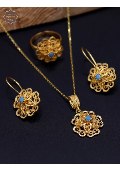 Firuze Taşlı Gül Model Kadın Gold Kaplama 925 Ayar Gümüş Telkari Üçlü Set 201025203 Gümüş