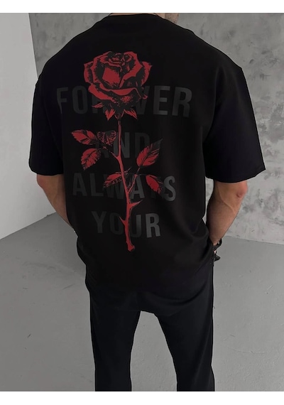 Novalisse Erkek Bisiklet Yaka Baskılı Oversize Kısa Kol T-shirt - Siyah Çoklu Renk