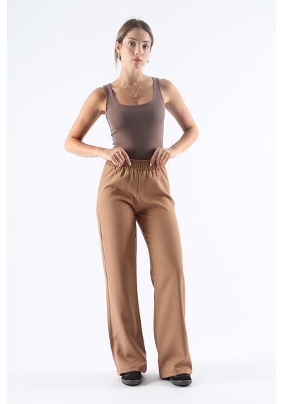Dokuma Camel Geniş Paça Beli Lastikli Basic Uzun Kadın Pantolon Sh191 S