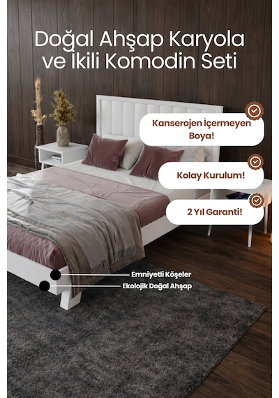 Hüma Dikey Başlıklı Masif Ahşap Karyola Ve 2 Adet Beyaz 90x200