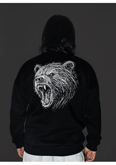 Dark Line Bear Sırt Baskılı %100 Pamuk Unisex Siyah Oversize Sweatshirt Siyah
