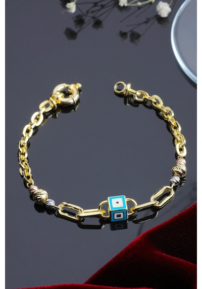 925 Ayar Gümüş Altın Kaplama Nazar Küp Detaylı Zincir Bileklik