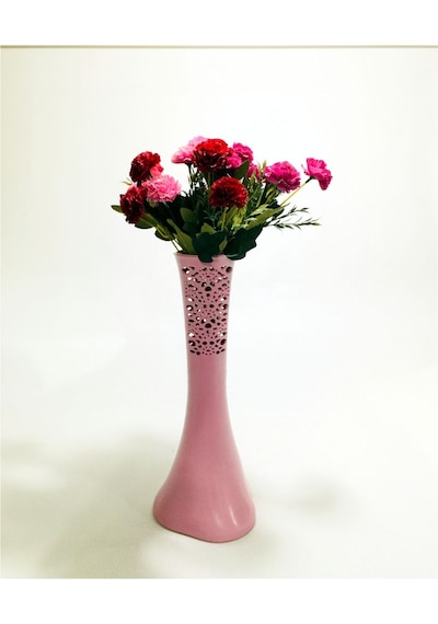 Uzun 40cm Pembe Desenli Kırmızı Mor Pembe Karanfilli Vazo