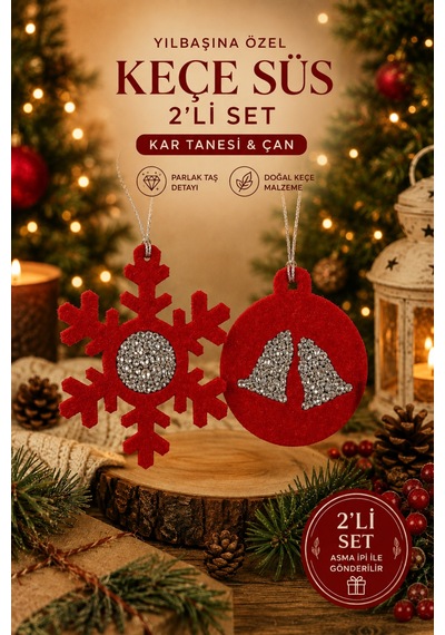 Taşlı Keçe Yılbaşı Süsü 2 Li Set Kar Tanesi & Çanlı Top Çift Taraflı 4 Renk Seçenekli Kırmızı