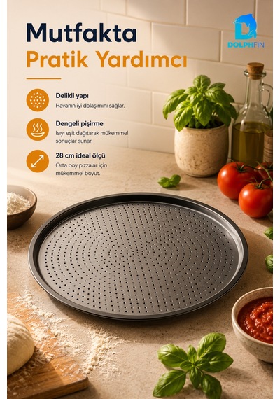 Delikli Pizza Tepsisi 28 Cm Yuvarlak Metal Pizza Pişirme Tepsisi Metalik