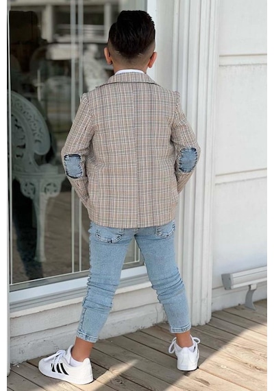 Riccotarz Erkek Çocuk Çizgili Blazer Ceket Kot Pantolon Gri Alt Üst Takım 001