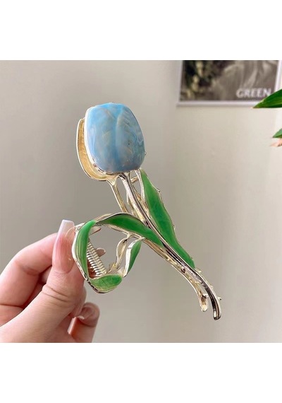 11 Cm Mavi Lale Model Saç Tokası Zarif Çiçekli Metal Mandal Toka Mavi
