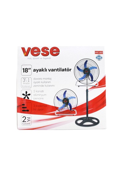 Vese Vnt-003 18" İnç 46cm Sanayi Tipi Ayaklı Vantilatör 3 Kademe Hız & 5 Metal Kanat 80w Fan