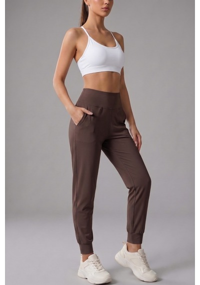 Genius Store Kadın Eşofman Yüksek Bel Jogger Scuba Kumaş Cepli Rahat Kesim Jogger Eşofman Altı Kahverengi