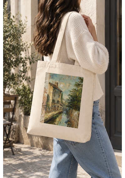 Lunora Collection Nehir Manzarası Baskılı Körüklü Kanvas Bez Çanta Ham Renk