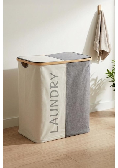 Digithome Bambu 2 Bölmeli Kirli Çamaşır Sepeti Banyo Düzenleyici Sepet 53,5x28 Cm Kahverengi
