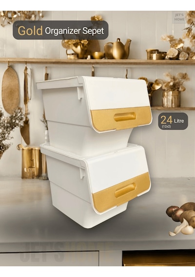 2 Li Beyaz-gold Tekerlekli Patateslik Soğanlık Oyuncak Kutusu Patates Soğan Sepeti 24 Lt Gold-beyaz