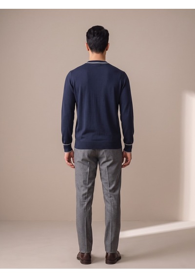 Maccali Erkek Lacivert Kontrast Şeritli Bisiklet Yaka Triko Sweatshirt