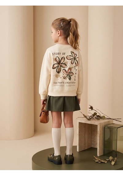 Zekids Kız Çocuk Ekru Çiçek Baskılı Bisiklet Yaka Tasarım Sweatshirt-17444 KREM