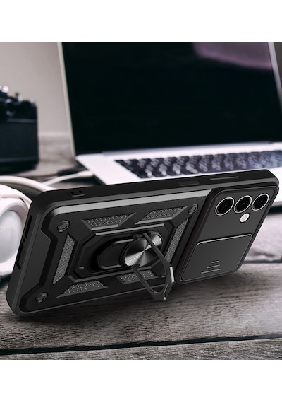 İnfinix Hot 30 Play Kılıf Magnetik Standlı Kamera Korumalı Mkst Sürgülü Vega Kapak - Siyah Siyah