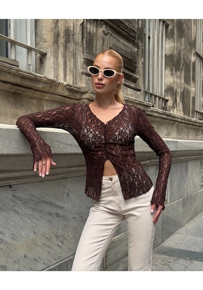 Mamayaga Kadın V Yaka Full Esnek Dantel Bürümcük Spor Şık Tasarım Asimetrik Kesim Gece Bluzu Kahverengi Mamayaga Kadın V Yaka Full Esnek Dantel Bürümcük Spor Şık Tasarım Asimetrik Kesim Gece Bluzu Kahverengi