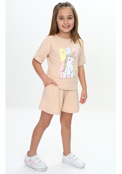 Toontoy Kids Toontoy Kız Çocuk Ponny Baskılı Şortlu Takım Bej