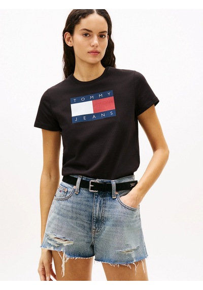 Tommy Hilfiger Tjw Normal Kesim Tj Bayraklı Kısa Kollu Kadın Siyah T-shirt Dw0dw22562bds Siyah