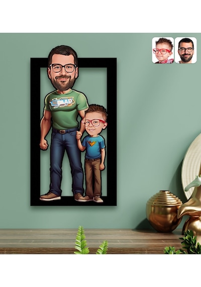 Bk Gift Kişiye Özel Baba-oğul Karikatürlü 3d Ahşap Tablo-1, Babalar Günü Hediyesi, Babaya Hediye Kobitmeyencom31598 Bk
