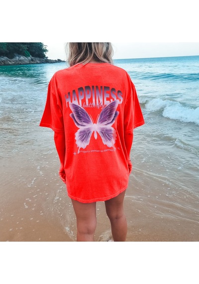 Unisex Happiness Baskılı Tasarım Tshirt Kırmızı