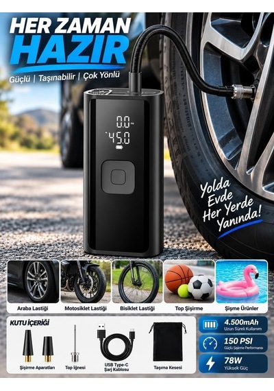 150 Psı Şarjlı Hava Kompresörü 4500mah Lcd Ekranlı Taşınabilir