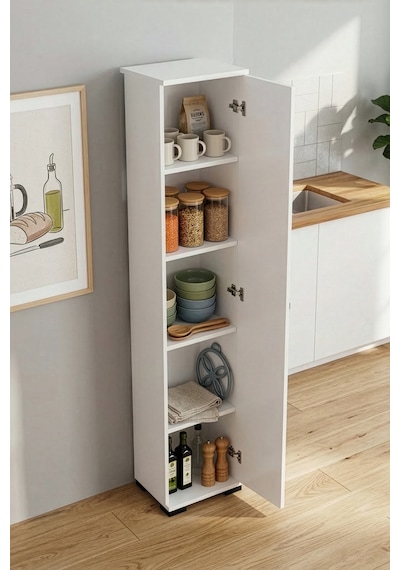 Mutfak Dolabı Çok Amaçlı Dar Kiler Dolap Raflı Kapaklı Organizer 5 Katlı 244 Beyaz