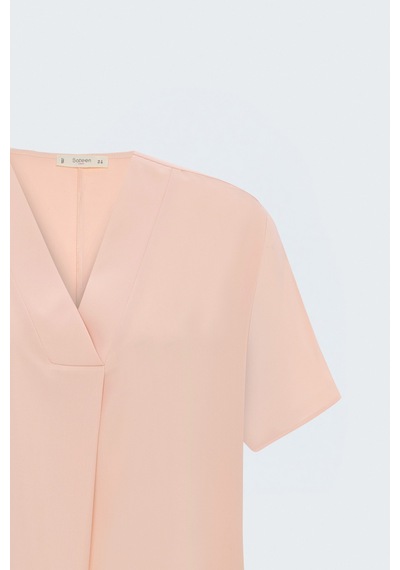 Sateen Geniş Kısa Kollu Bluz - Pudra-137801