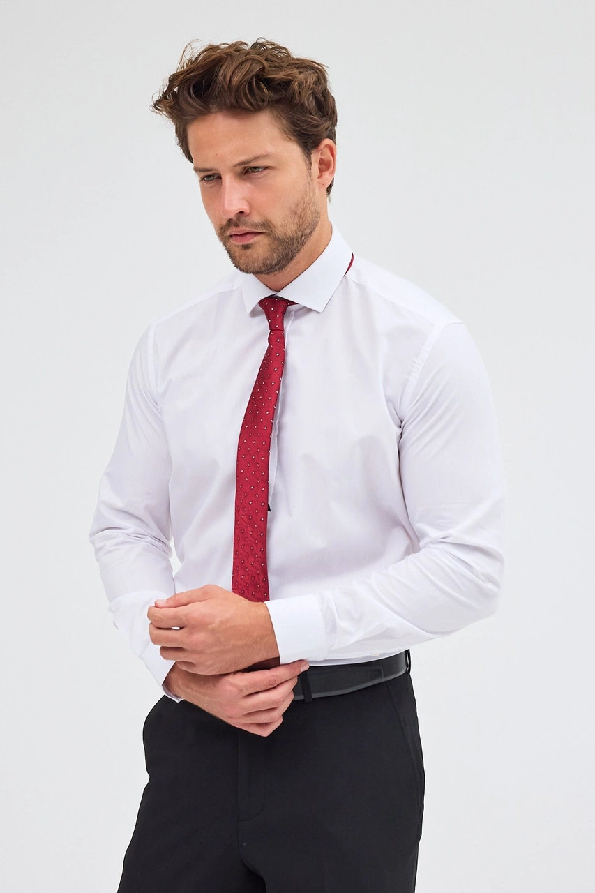 İmza Beyaz Yarım İtalyan Yaka Uzun Kol Easy To Iron Slim Fit Pamuklu Gömlek 1004255301 Beyaz