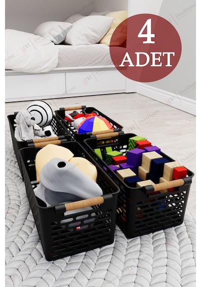 4 Adet Ahşap Saplı Görünüm Siyah Renk Plastik Mutfak Banyo Eşya Organizer Sepet Düzenleyici Set Siyah