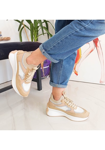 Ten Renk Kot Triko Malzeme Bağcıklı Kadın Sneakers 001