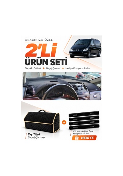 E-biz Mercedes Viano W639 2003-2014 Uyumlu Torpido Örtüsü + Tay Tüyü Çanta - Siyah-bej - Mb022