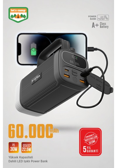 60.000 Mah Hızlı Kamp Outdoor 30w 22.5w Qc Dijital Göstergeli Led Fenerli Taşınabilir Şarj Cihazı
