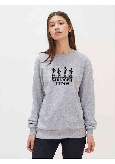 Stanger Things Bisiklet Arka Dönük Baskılı Gri Kadın Sweatshirt