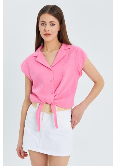 Mixray 4555 Kadın Önü Bağlamalı Müslin Crop Gömlek Pembe
