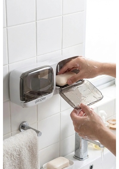 Duvara Monte İkili Kapaklı Plastik Katı Sabunluk Organizer Banyo & Mutfak İçin Yapışkanlı Sabun Kutusu Ve D Diğer