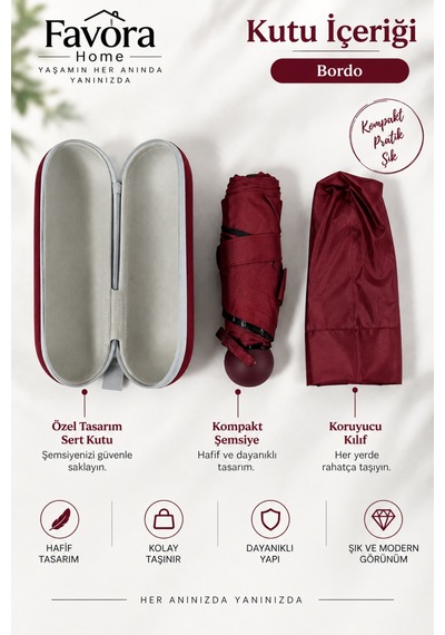 Favora Rainbox Kapsül Şemsiye - Kutulu Mini Katlanır Çanta Boy Şemsiye Bordo