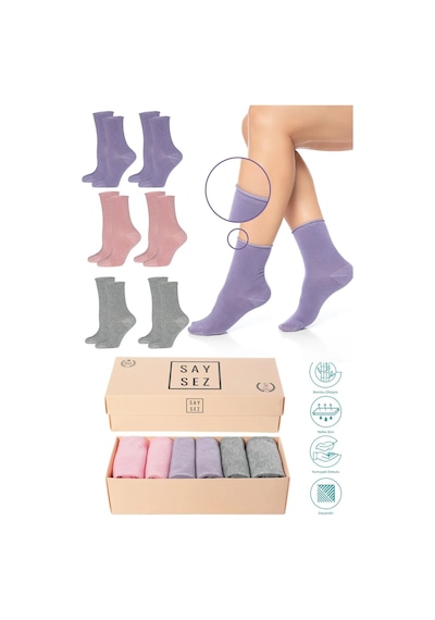 Saysez Bambu Kadın Lastiksiz Gri-pembe-lila Soket Dikişsiz Premium Çorap Kutulu 6'lı / İz Bırakmaz / Sıkmaz Renkli