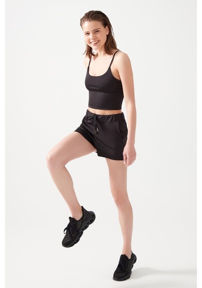 Los Ojos Kadın Siyah Cepli Beli Lastikli Basic Fit Spor Şort Shorts Siyah
