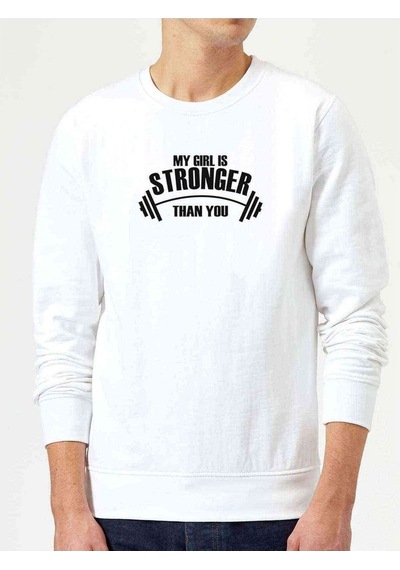 My Girl Is Stronger Baskılı Beyaz Erkek Örme Sweatshirt