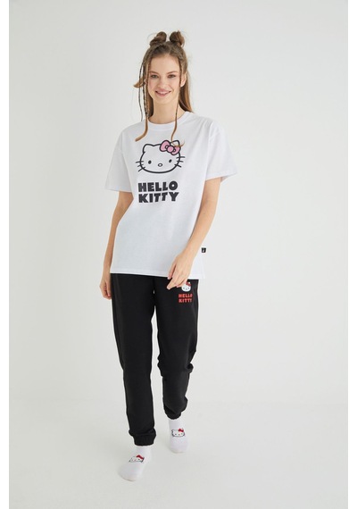 Hello Kitty Lisanslı Baskılı Basic Beyaz T-shirt Kalıp Pamuk Renkli
