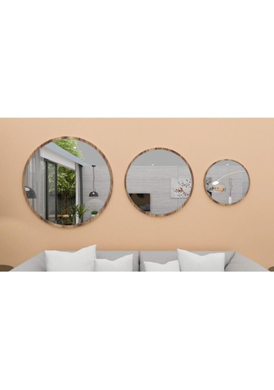 Tr Dekoratif Yuvarlak Ayna 3 Adet Set Banyo Salon Antre Hol Mutfak Duvar Ofis Banyo Wc,ceviz Genel